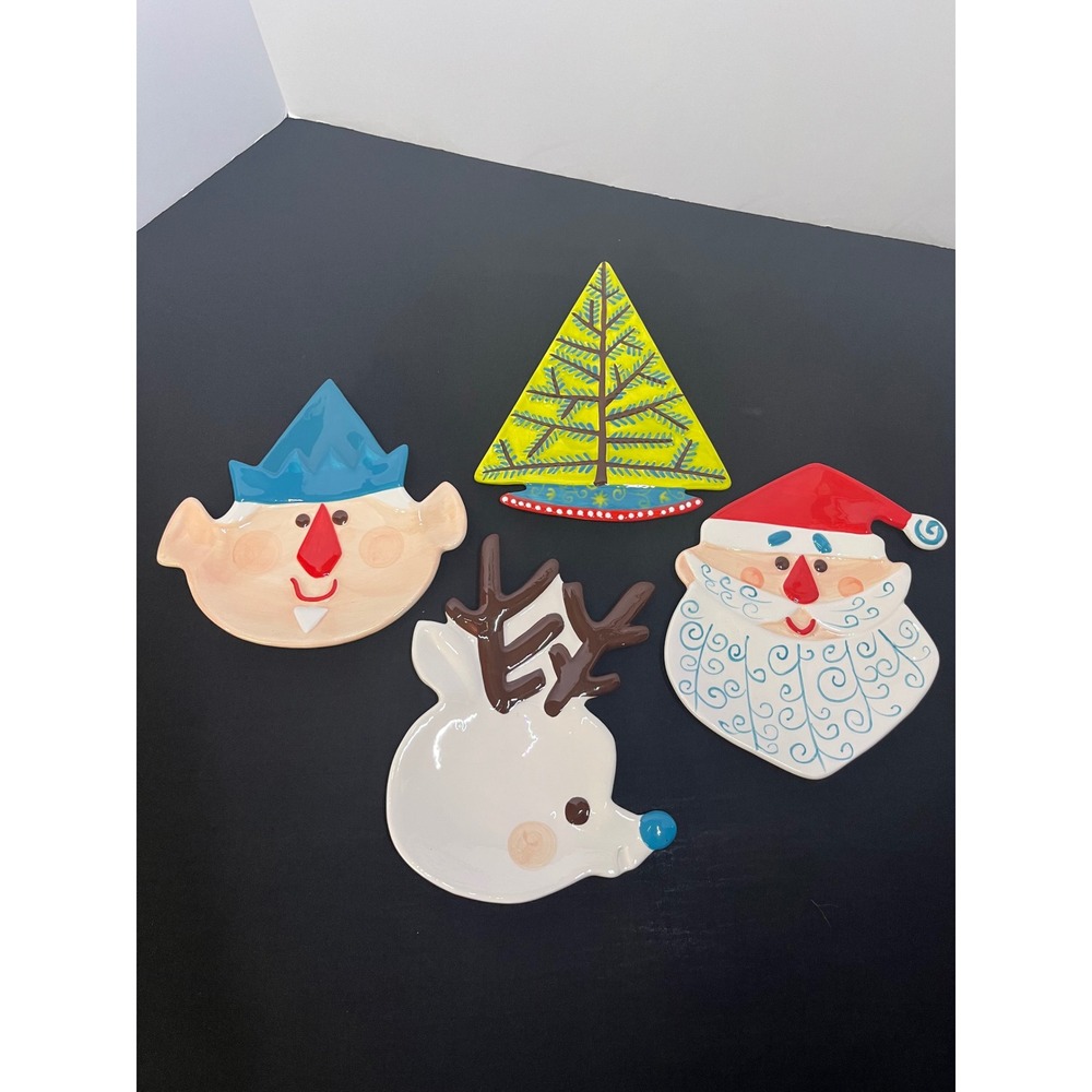 Set of 4 Christmas Ceramic Appetizer Plates Santa Reindeer Elf Tree Holiday
